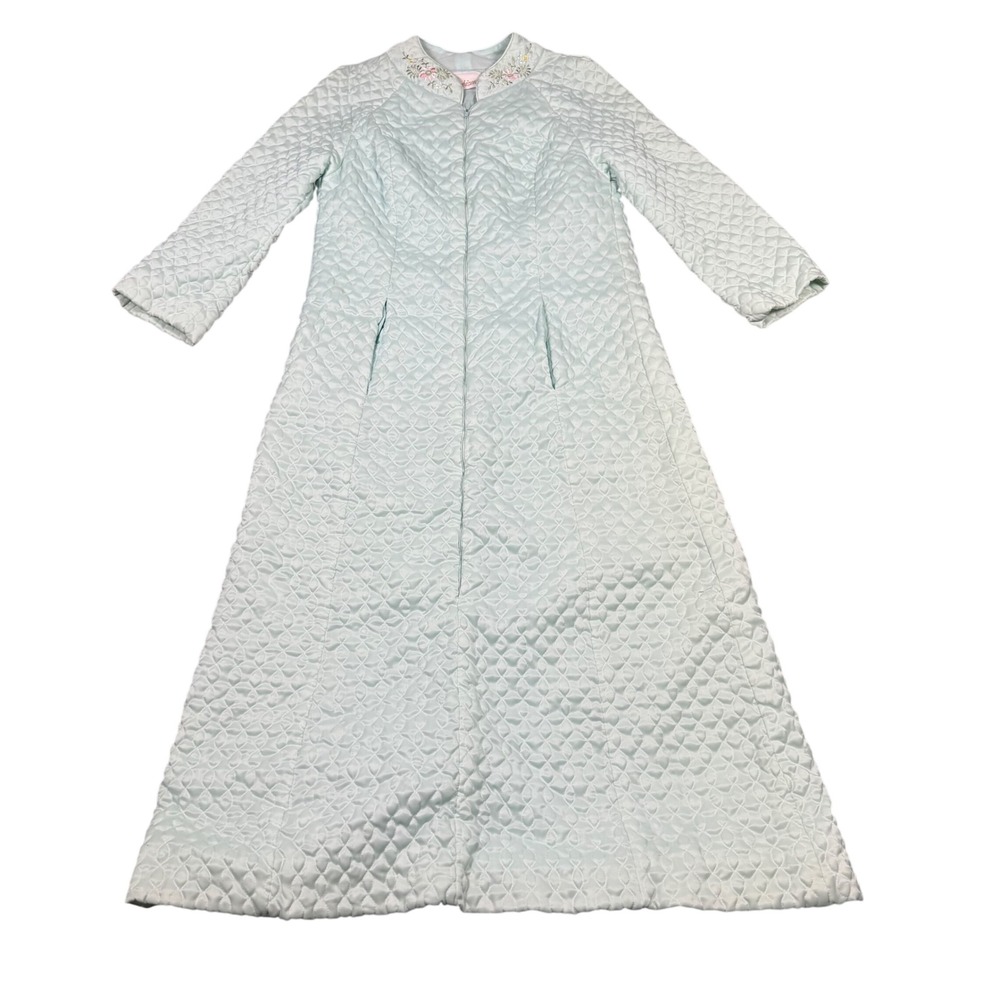 Vintage 60s Barbizon Quilted Satin Robe Mint Green Floral Embroidered Housecoat